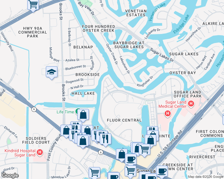map of restaurants, bars, coffee shops, grocery stores, and more near 15939 Morgan Street in Sugar Land