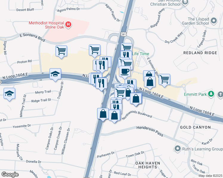 map of restaurants, bars, coffee shops, grocery stores, and more near N Loop 1604 E & San Pedro Ave in San Antonio