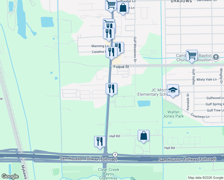 map of restaurants, bars, coffee shops, grocery stores, and more near 10809 Telephone Road in Houston