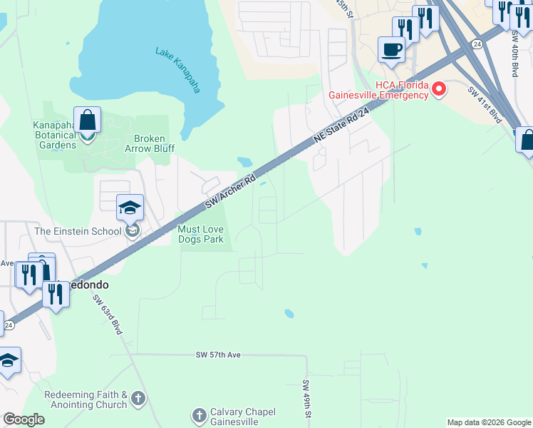 map of restaurants, bars, coffee shops, grocery stores, and more near 5105 Southwest Archer Road in Gainesville