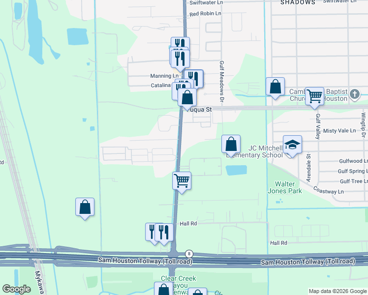 map of restaurants, bars, coffee shops, grocery stores, and more near 10809 Telephone Road in Houston