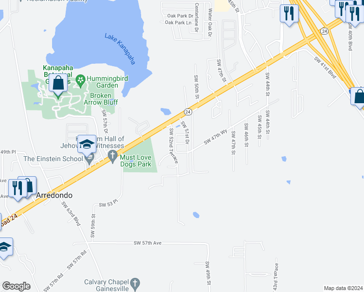 map of restaurants, bars, coffee shops, grocery stores, and more near 5105 Southwest Archer Road in Gainesville