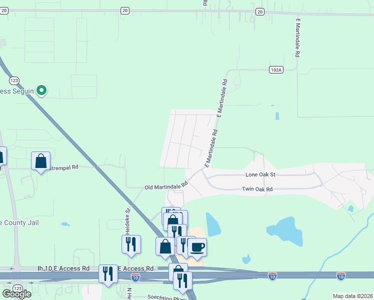 map of restaurants, bars, coffee shops, grocery stores, and more near 1010 East Martindale Road in Seguin