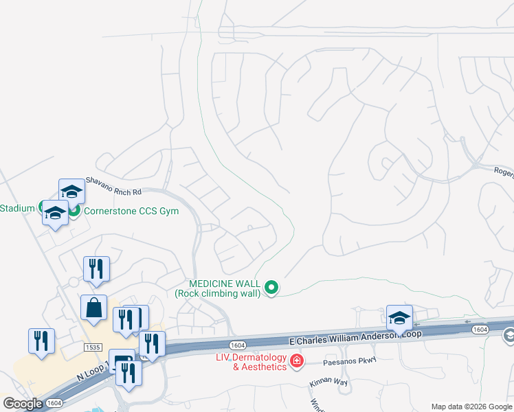 map of restaurants, bars, coffee shops, grocery stores, and more near 17822 Hillsedge Road in San Antonio