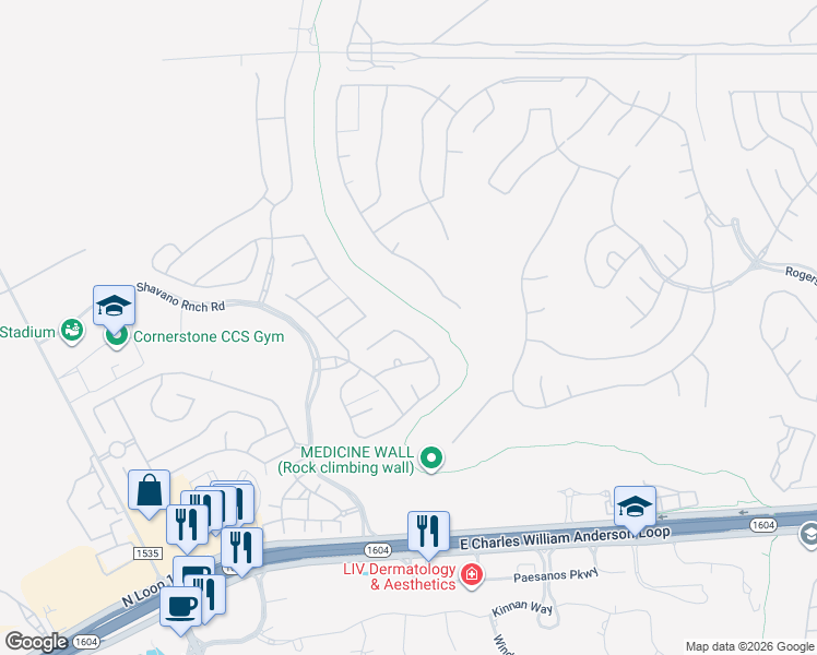 map of restaurants, bars, coffee shops, grocery stores, and more near 17822 Hillsedge in San Antonio