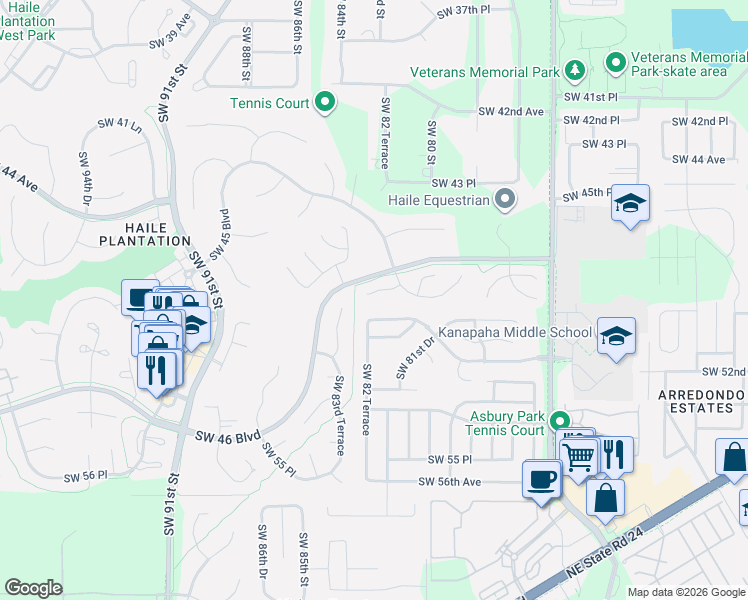 map of restaurants, bars, coffee shops, grocery stores, and more near 8215 Southwest 47th Road in Gainesville