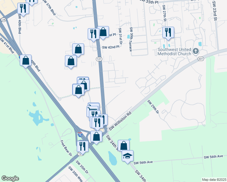 map of restaurants, bars, coffee shops, grocery stores, and more near 3205 Southwest 47th Avenue in Gainesville