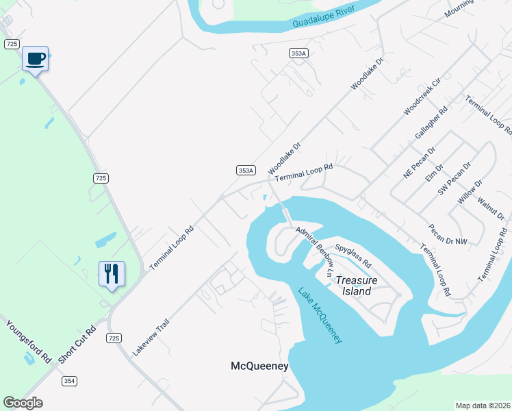 map of restaurants, bars, coffee shops, grocery stores, and more near 117 Treasure Point in McQueeney