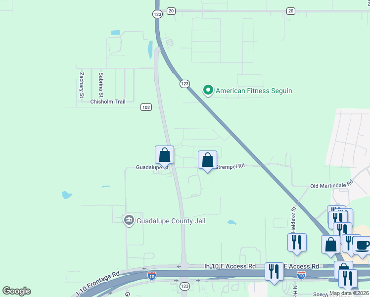 map of restaurants, bars, coffee shops, grocery stores, and more near 3101 Palm Springs in Seguin