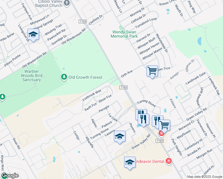 map of restaurants, bars, coffee shops, grocery stores, and more near 821 Silver Fox in Cibolo
