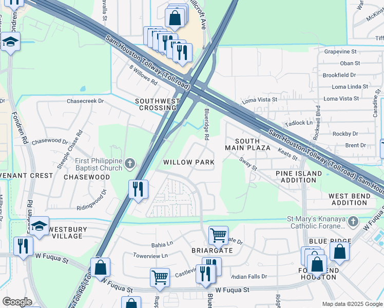 map of restaurants, bars, coffee shops, grocery stores, and more near 15011 Larkview Circle in Missouri City