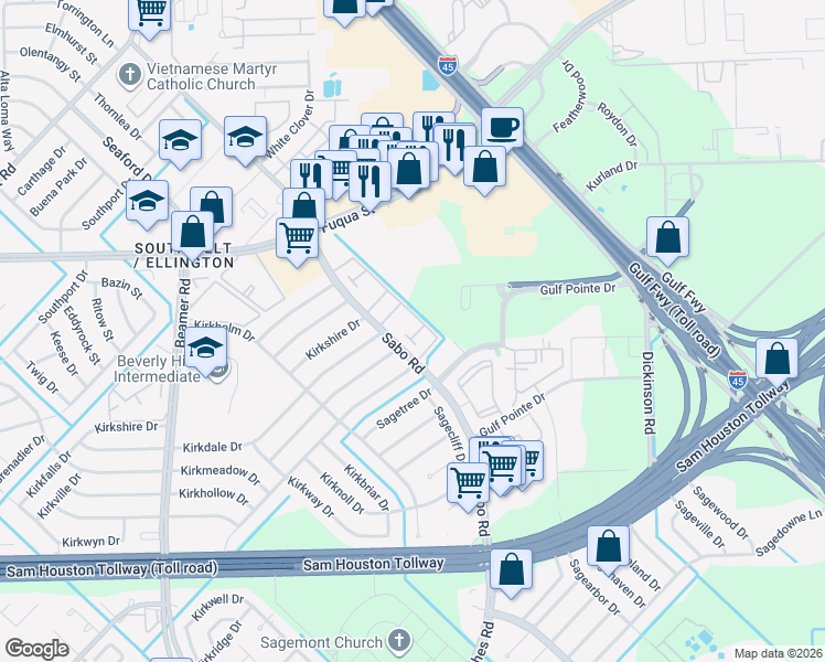 map of restaurants, bars, coffee shops, grocery stores, and more near 11663 Sabo Road in Houston