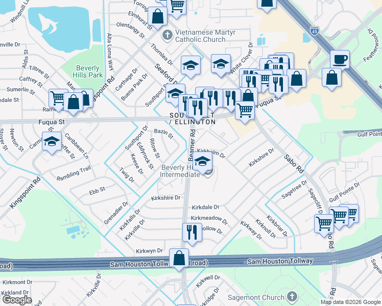 map of restaurants, bars, coffee shops, grocery stores, and more near 11156 Beamer Road in Houston