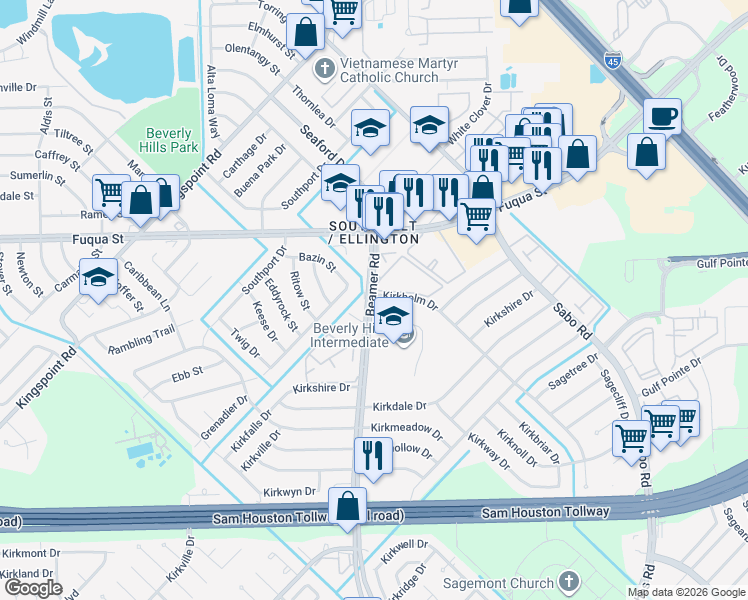 map of restaurants, bars, coffee shops, grocery stores, and more near 11001 Beamer Road in Houston