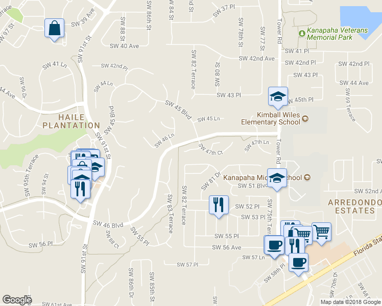 map of restaurants, bars, coffee shops, grocery stores, and more near 8205 Southwest 47th Road in Gainesville