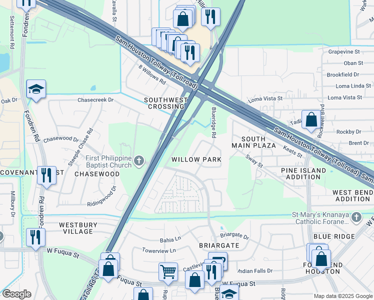 map of restaurants, bars, coffee shops, grocery stores, and more near 15011 Larkview Circle in Missouri City