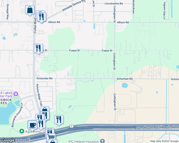 map of restaurants, bars, coffee shops, grocery stores, and more near 4525 Schurmier Road in Houston