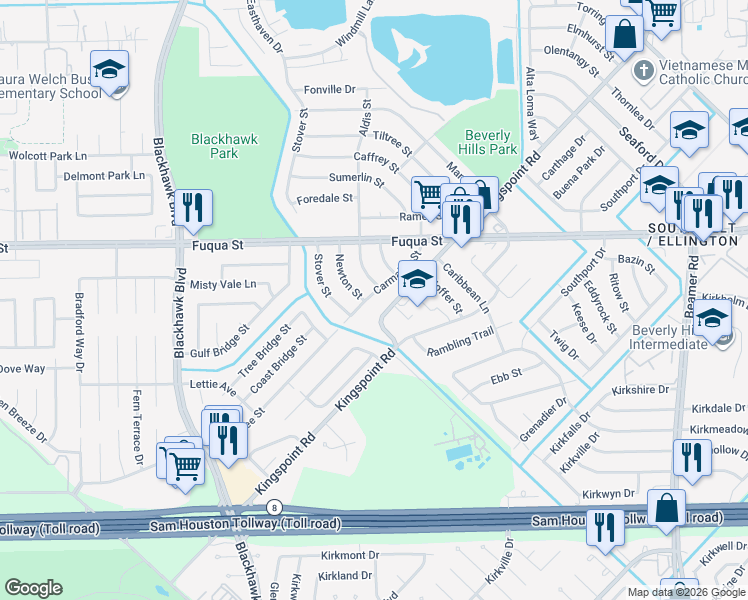 map of restaurants, bars, coffee shops, grocery stores, and more near 9710 Carmalee Street in Houston