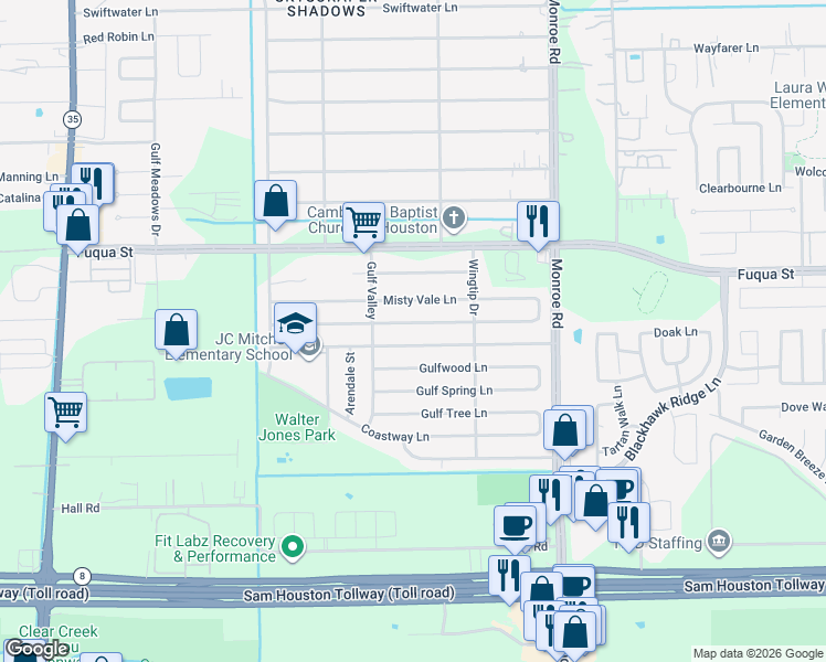 map of restaurants, bars, coffee shops, grocery stores, and more near 8219 Springtime Lane in Houston