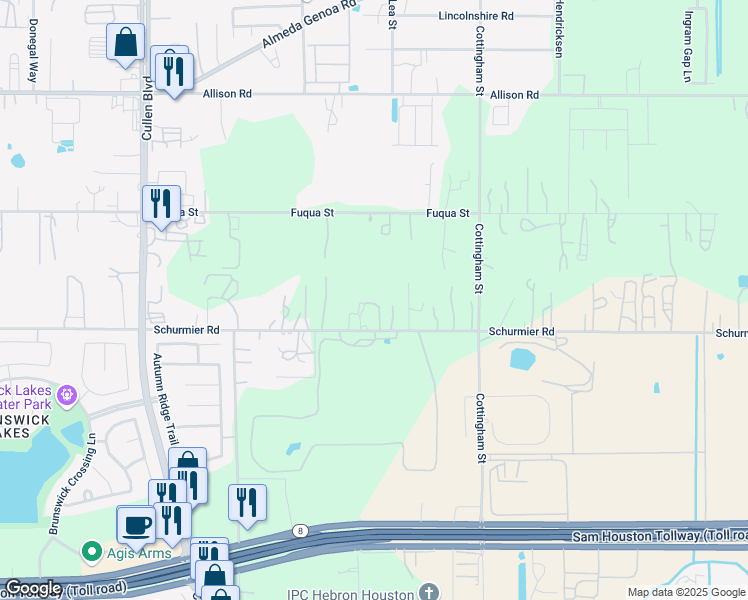 map of restaurants, bars, coffee shops, grocery stores, and more near 4525 Schurmier Road in Houston
