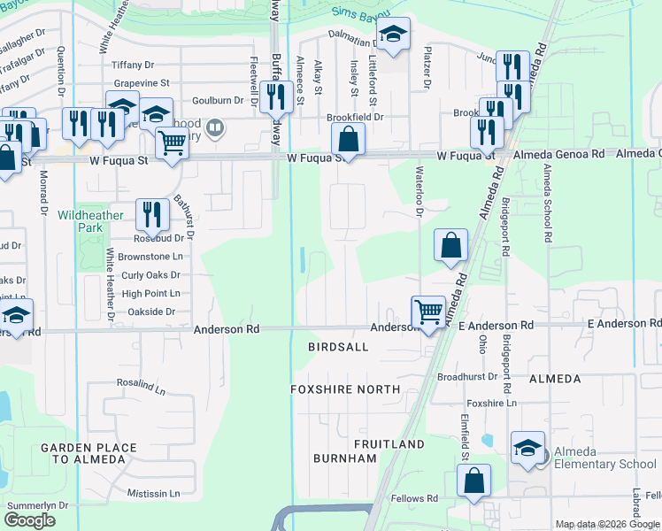 map of restaurants, bars, coffee shops, grocery stores, and more near 15104 Alkay Street in Houston