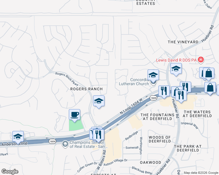 map of restaurants, bars, coffee shops, grocery stores, and more near 18110 Beargrass Court in San Antonio