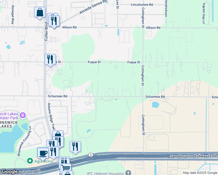 map of restaurants, bars, coffee shops, grocery stores, and more near 4525 Schurmier Road in Houston