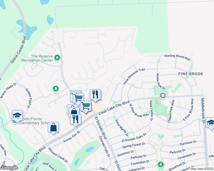 map of restaurants, bars, coffee shops, grocery stores, and more near 5403 Vista Bluff Lane in Houston