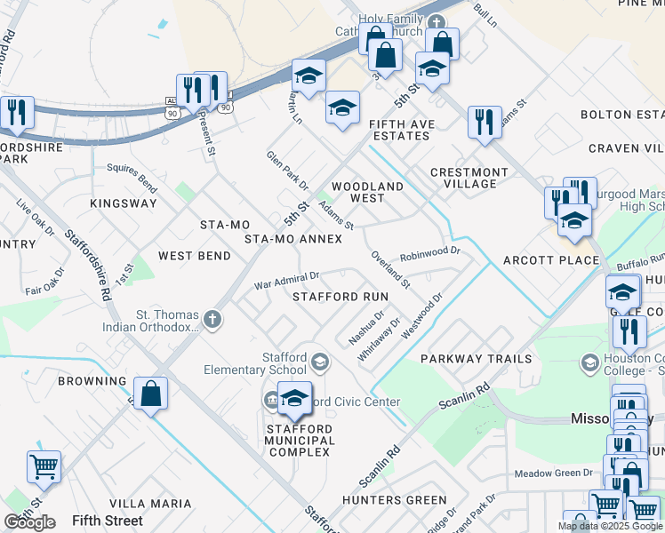 map of restaurants, bars, coffee shops, grocery stores, and more near 603 Go Man Go Drive in Stafford