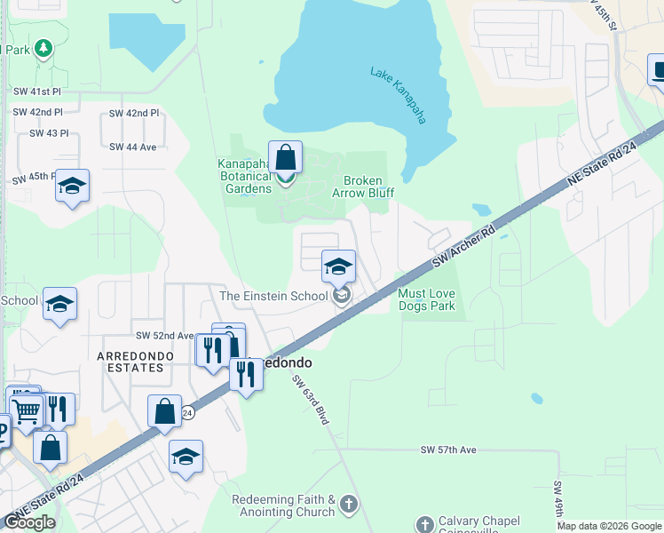 map of restaurants, bars, coffee shops, grocery stores, and more near 9508 Archer Road in Gainesville