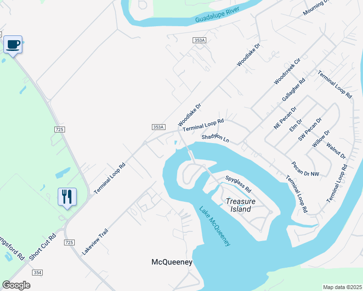 map of restaurants, bars, coffee shops, grocery stores, and more near 117 Treasure Point in McQueeney