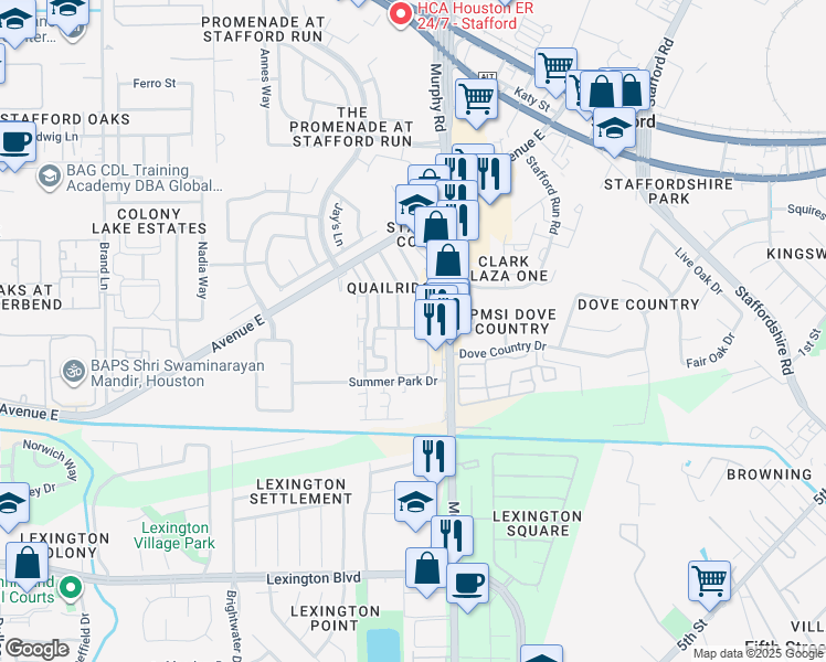 map of restaurants, bars, coffee shops, grocery stores, and more near 3759 Country Place Drive in Stafford
