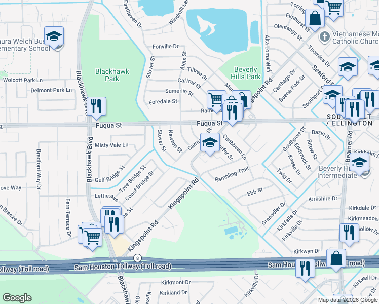 map of restaurants, bars, coffee shops, grocery stores, and more near 9710 Carmalee Street in Houston