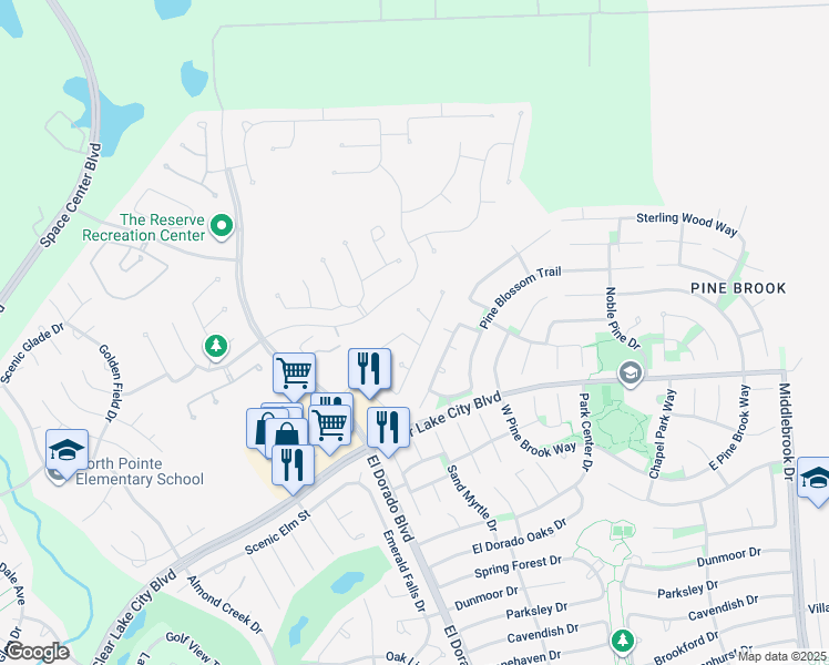 map of restaurants, bars, coffee shops, grocery stores, and more near 5403 Vista Bluff Lane in Houston