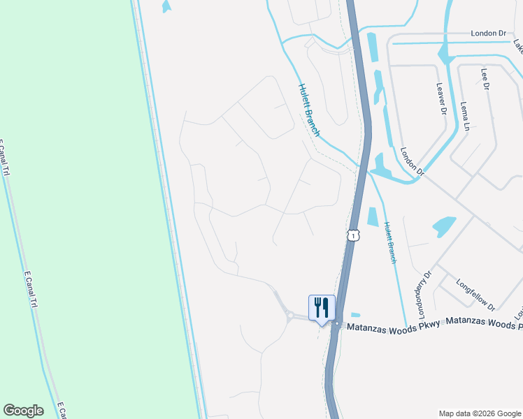 map of restaurants, bars, coffee shops, grocery stores, and more near 28 Hulett Woods Road in Palm Coast