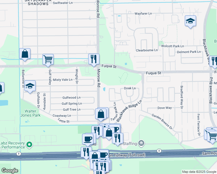 map of restaurants, bars, coffee shops, grocery stores, and more near 8603 Heathglen Lane in Houston