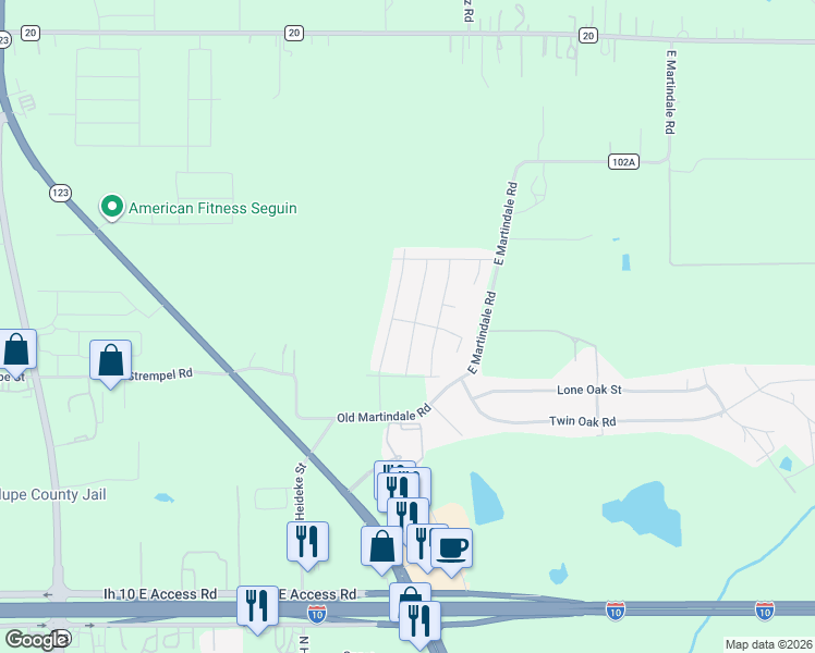 map of restaurants, bars, coffee shops, grocery stores, and more near 1010 East Martindale Road in Seguin