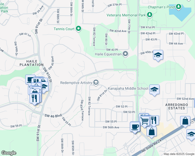 map of restaurants, bars, coffee shops, grocery stores, and more near 8113 Southwest 47th Road in Gainesville