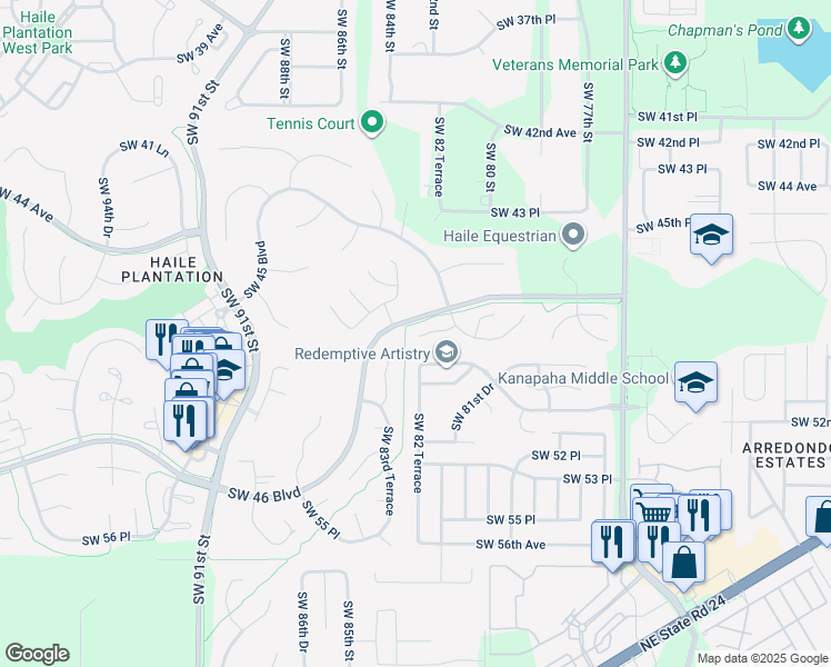 map of restaurants, bars, coffee shops, grocery stores, and more near 8232 Southwest 47th Road in Gainesville