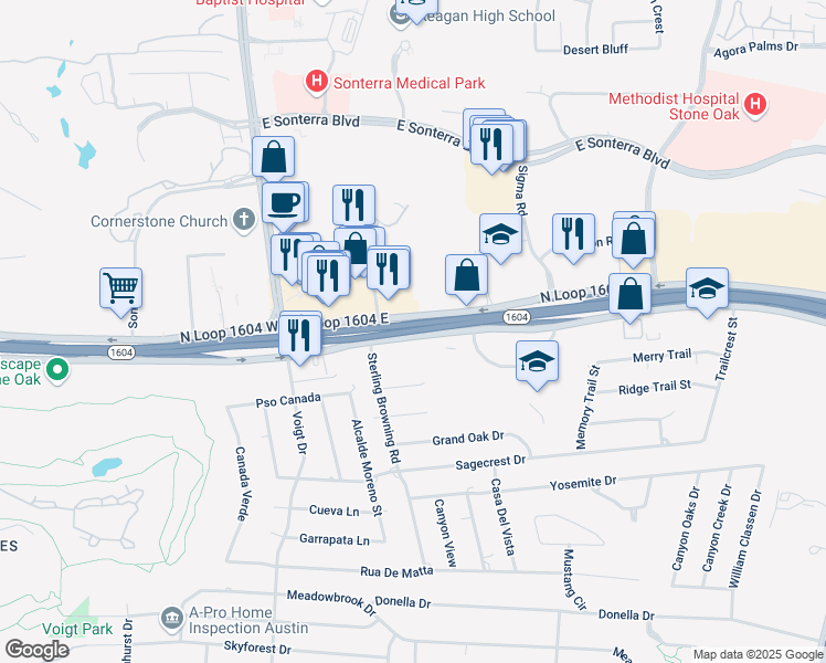 map of restaurants, bars, coffee shops, grocery stores, and more near 500 Texas 1604 Loop in San Antonio