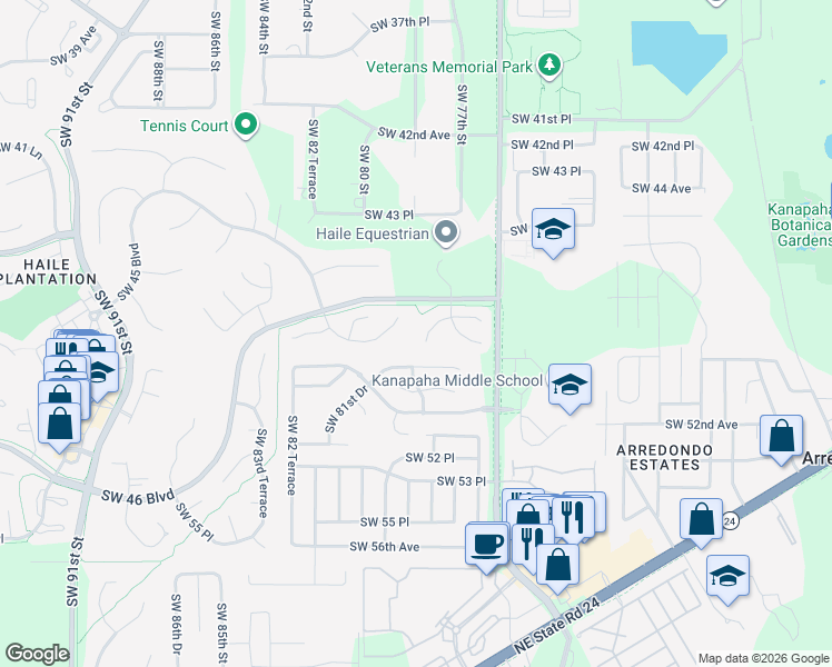 map of restaurants, bars, coffee shops, grocery stores, and more near 7822 Southwest 49th Place in Gainesville