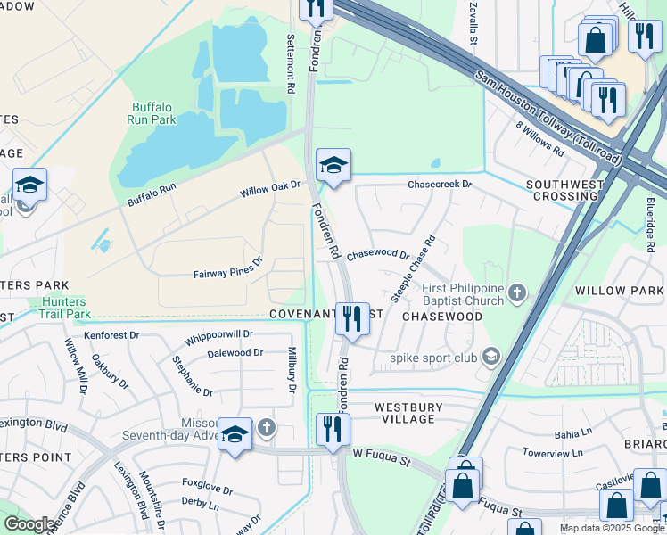 map of restaurants, bars, coffee shops, grocery stores, and more near 14938 Trinity Meadow Drive in Missouri City