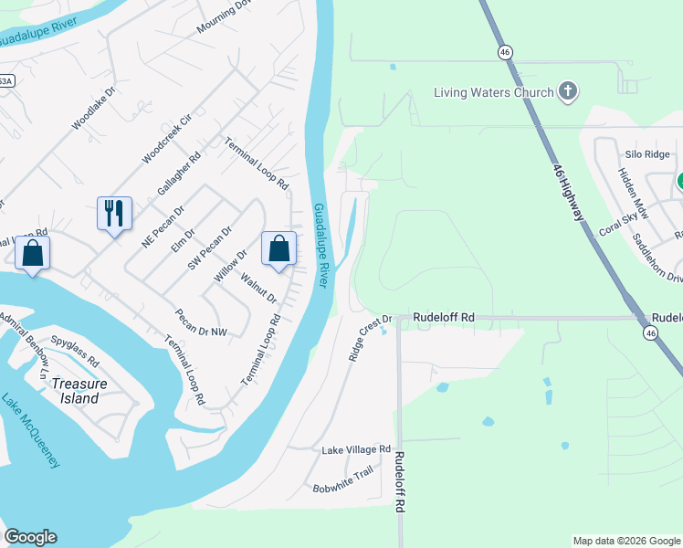 map of restaurants, bars, coffee shops, grocery stores, and more near 122 Laguna Vista in Seguin
