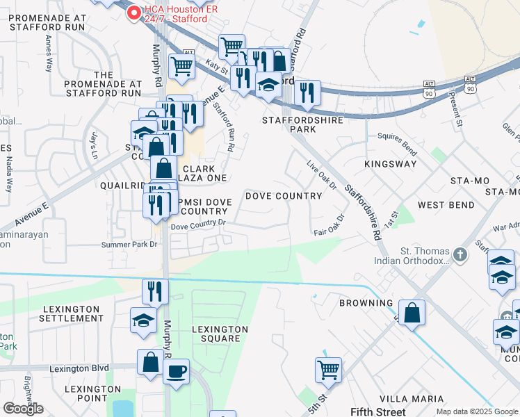 map of restaurants, bars, coffee shops, grocery stores, and more near 2802 Fir Crest Court in Stafford