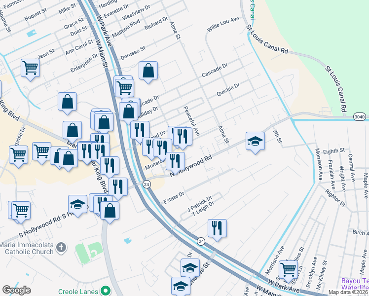 map of restaurants, bars, coffee shops, grocery stores, and more near 114 Delaware Court in Houma