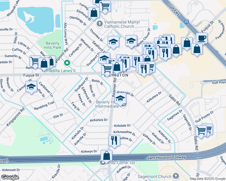 map of restaurants, bars, coffee shops, grocery stores, and more near 11001 Beamer Road in Houston
