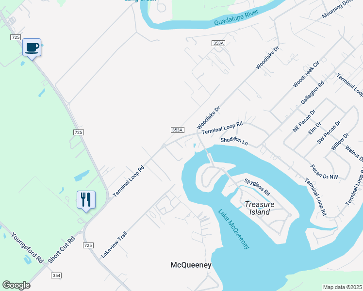 map of restaurants, bars, coffee shops, grocery stores, and more near 196 Daniell Alley in McQueeney
