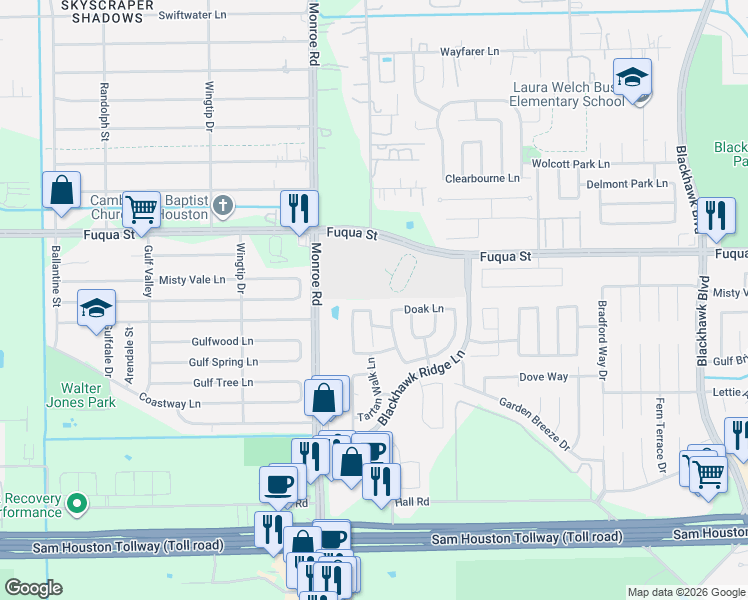 map of restaurants, bars, coffee shops, grocery stores, and more near 10814 Heathercliff Lane in Houston