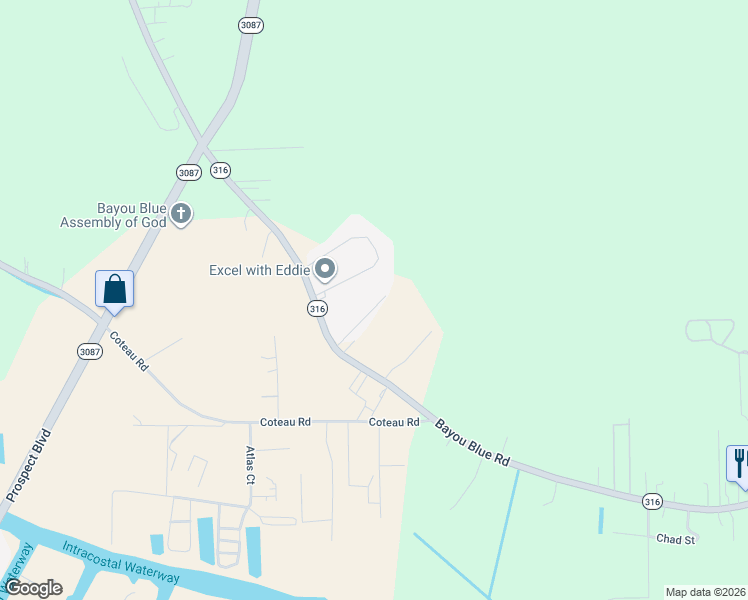 map of restaurants, bars, coffee shops, grocery stores, and more near 299 Peaceful Lane in Houma