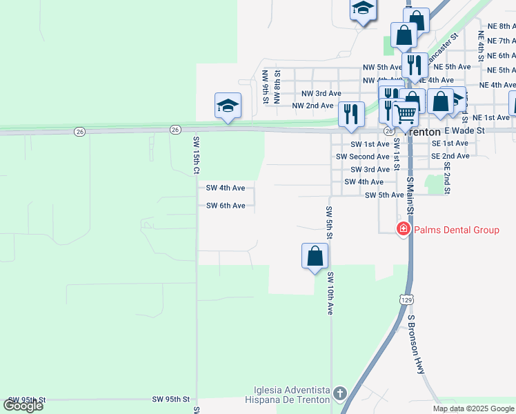 map of restaurants, bars, coffee shops, grocery stores, and more near 702 Southwest 10th Street in Trenton
